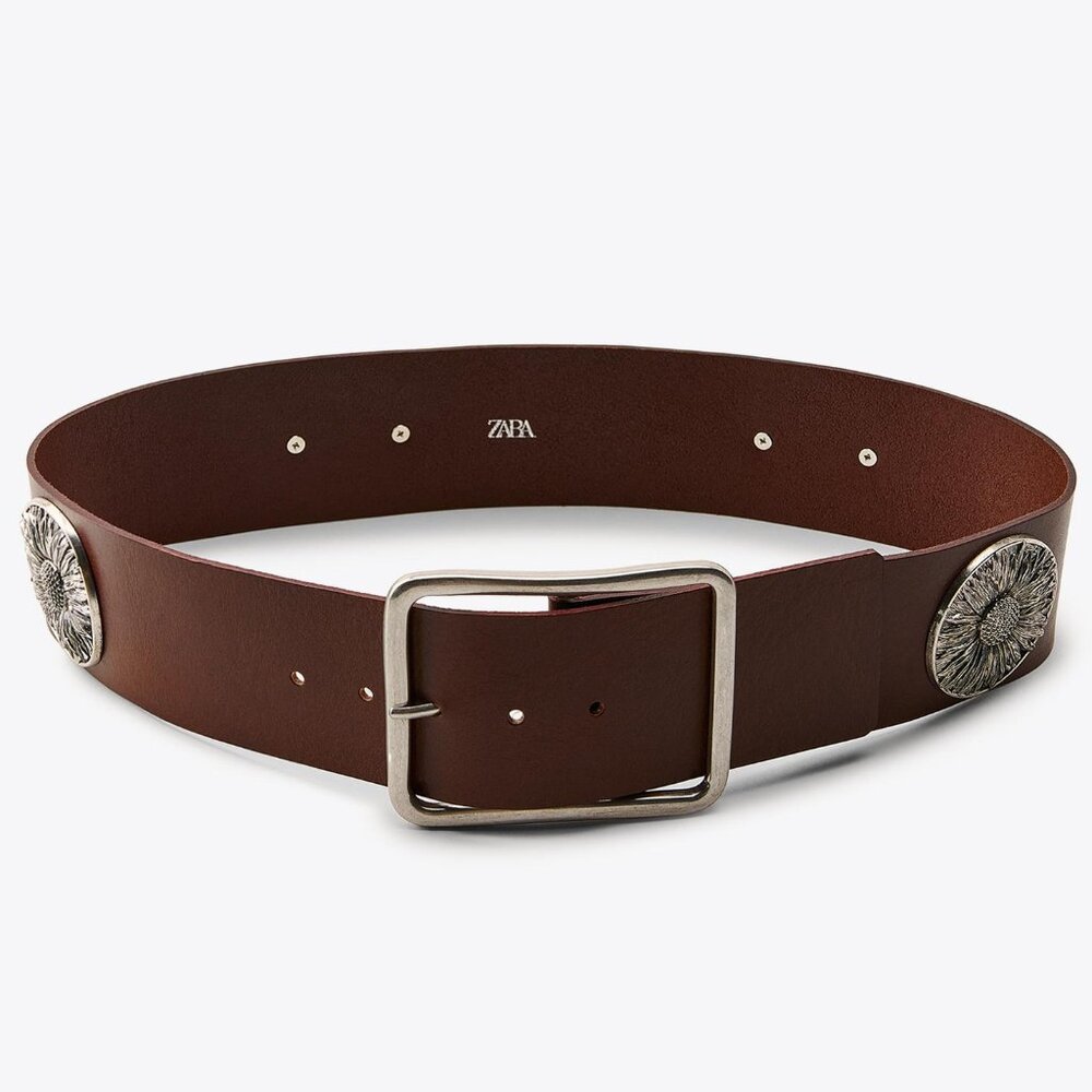 NWT ZARA WIDE LEATHER BELT WITH FLOWER BROWN 1736/059